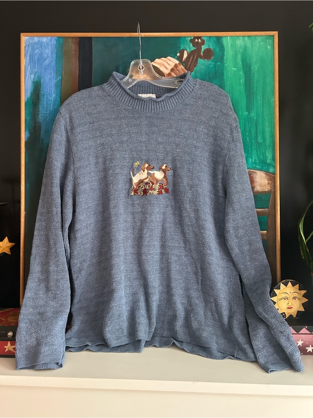 LMX Vintage Blue Dog Embroidered Knit Sweater Pullover XL
